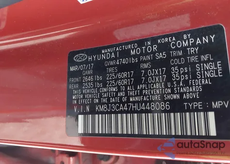 2017 Hyundai Tucson Se Plus z USA, uszkodzony, nr VIN KM8J3CA47HU448086